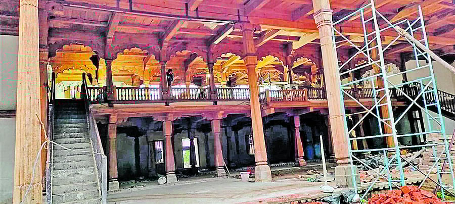 Renovation work in progress at Shivappa Nayaka palace in Shivamogga. Credit: Special Arrangement