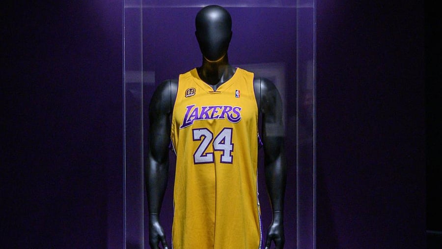 A jersey that belonged to late basketball star Kobe Bryant is displayed at Sotheby's auction house in New York City. Credit: AFP Photo