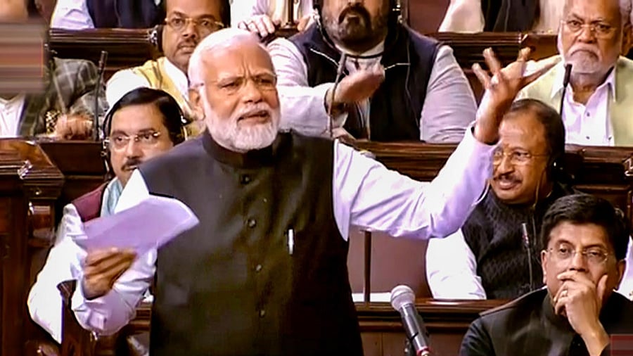 Prime Minister Narendra Modi replies to the Motion of Thanks on the President's address in the Rajya Sabha during Budget Session of Parliament, in New Delhi, Thursday, Feb. 9, 2023. Credit: PTI Photo