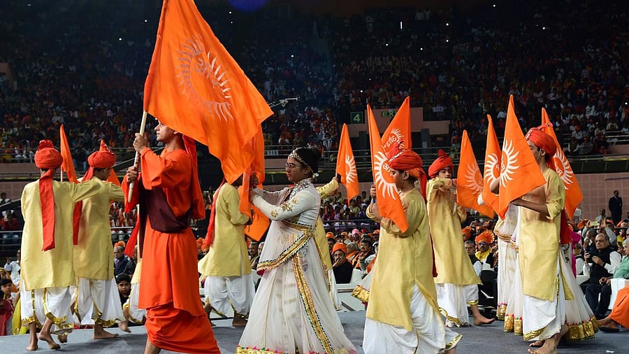 Children take part in cultural programmes during the 200th birth anniversary of Dayanand Saraswati at Indira Gandhi Indoor Stadium in New Delhi on Sunday, Feb. 12, 2023. Credit: IANS Photo