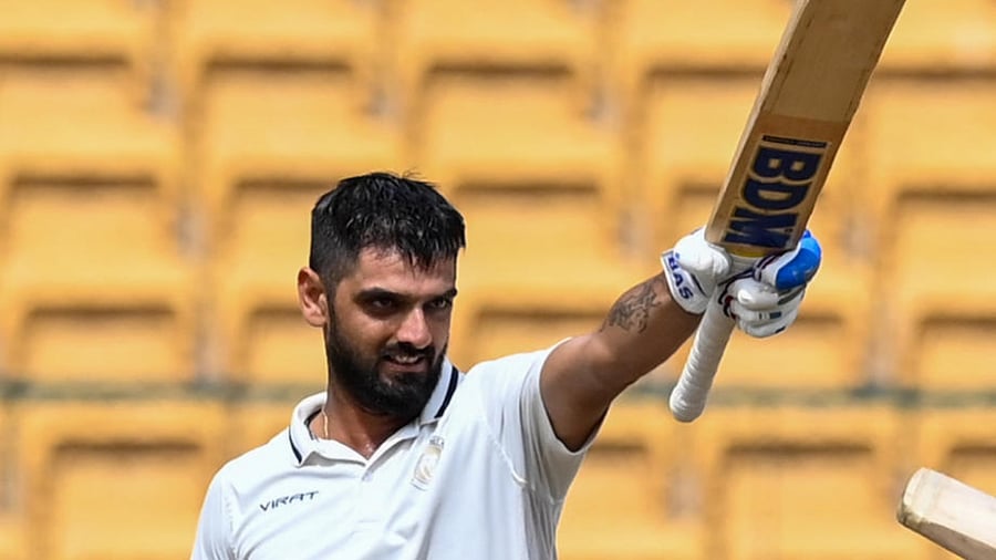 Saurashtra skipper Arpit Vasavada celebrates his double century on the fourth day of the Ranji Trophy semifinal against Karnataka at the M Chinnaswamy Stadium in Bengaluru on Saturday. Credit: DH Photo/Pushkar V