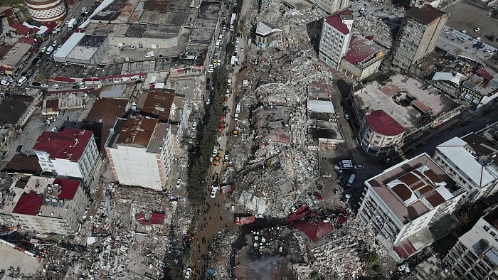 An aerial view shows damaged and collapsed buildings following an earthquake, in Kahramanmaras, Turkey. Credit: Reuters Photo