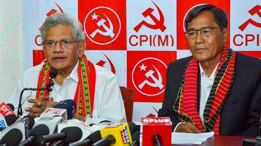 CPI (M) General Secretary Sitaram Yechury with CPI(M) Tripura Secretary Jitendra Chaudhary (R): Credit: PTI Photo