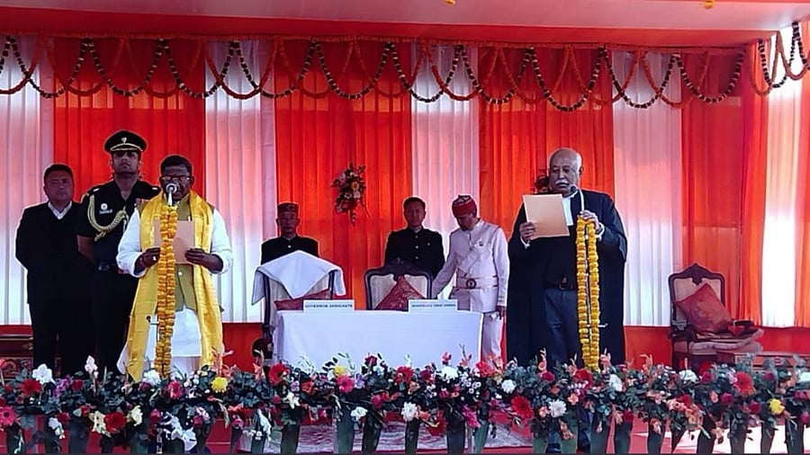 Lakshman Prasad Acharya sworn in as new governor of Sikkim in Raj Bhawan, Gangtok. Credit: Twitter/@airnewsalerts