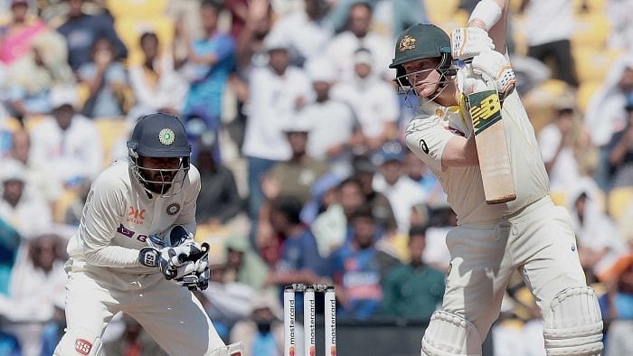 Australia's Steve Smith plays a shot during the third day of the first cricket test match between India and Australia in Nagpur,on Saturday. Credit: IANS Photo