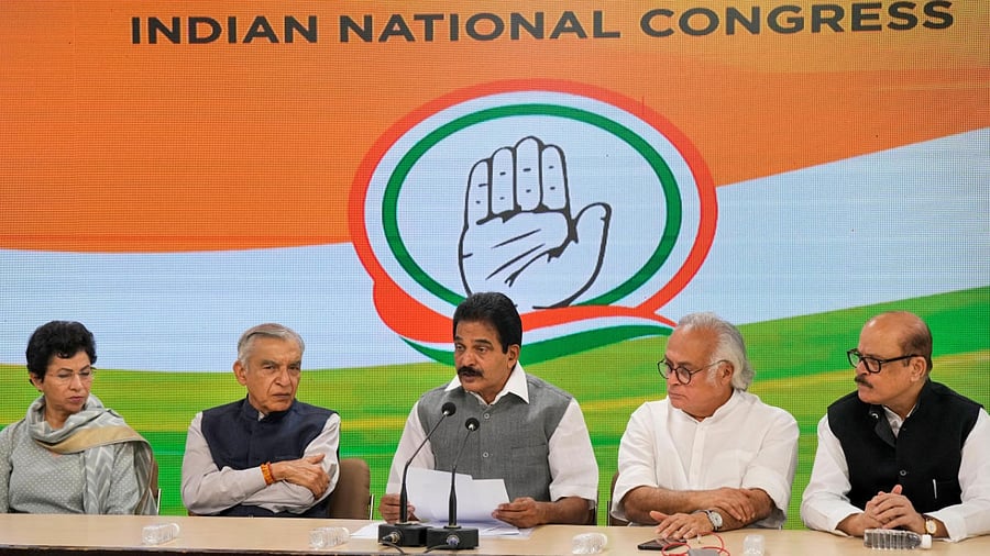 Congress leader K.C. Venugopal with party leaders Jairam Ramesh, Tariq Anwar, Pawan Kumar Bansal and Selja Kumari addresses a press conference regarding the 85th Plenary Session of Congress, at AICC headquarters. Credit: PTI Photo