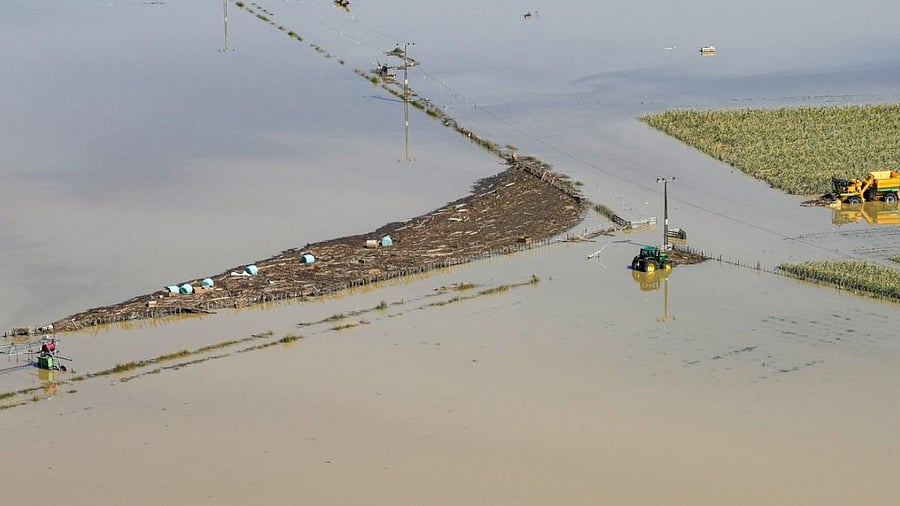 An aerial view shows the damage left by Cyclone Gabrielle in the Esk Valley near Napier. Credit: AFP