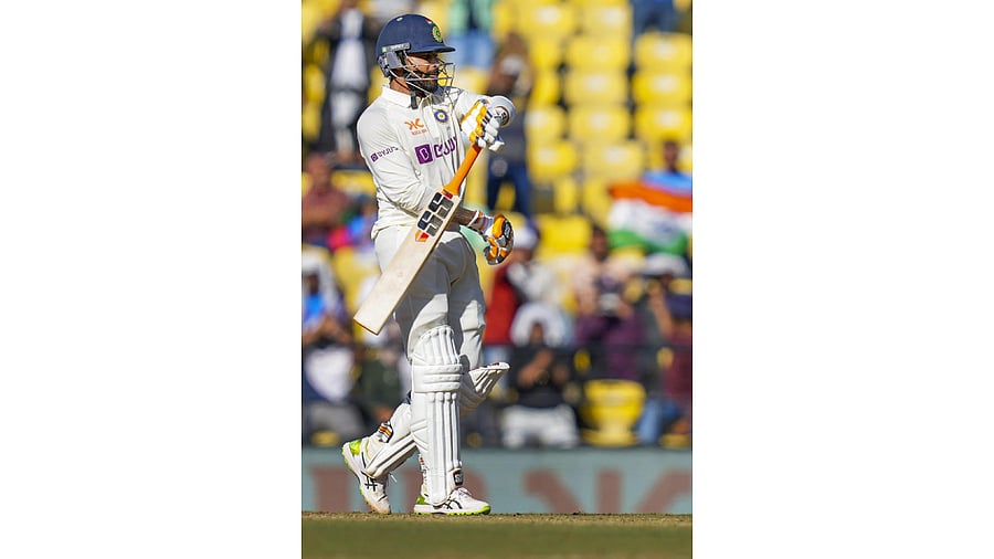 Indian batter Ravindra Jadeja celebrates his half-century during the 2nd day of the 1st test cricket match between India and Australia in Nagpur. Credit: PTI File Photo