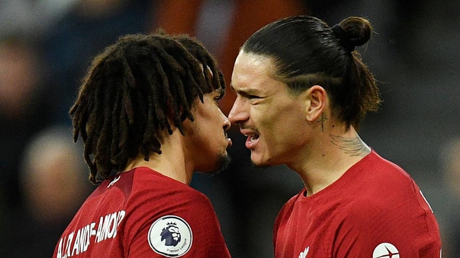 Liverpool's Nunez and Alexander-Arnold celebrate the Uruguyan's first goal of the game against Newcastle. Credit: AFP Photo