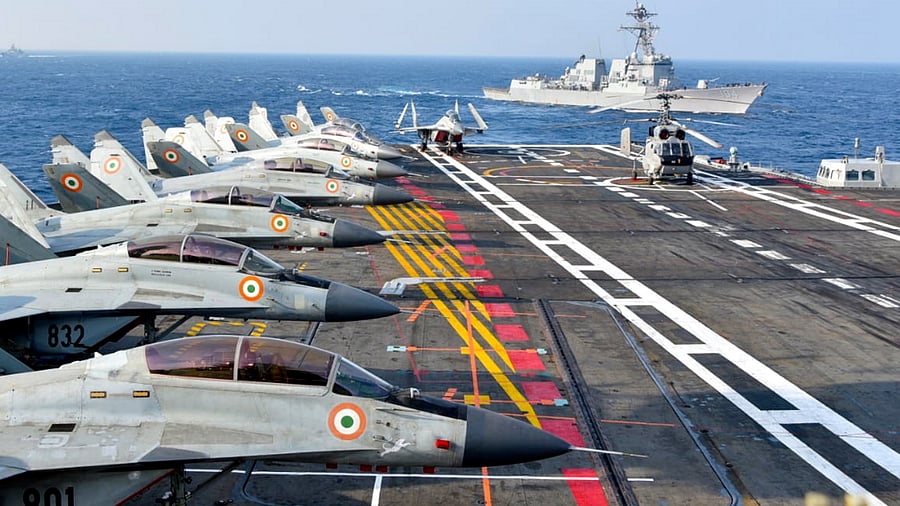 The warship has the capacity to carry a maximum of 36 aircraft including 26 MiG-29K fighters and 10 Kamov Ka-31 advance electronic warning (AEW) and Ka-28 anti-submarine warfare(ASW) helicopters. Credit: PTI Photo