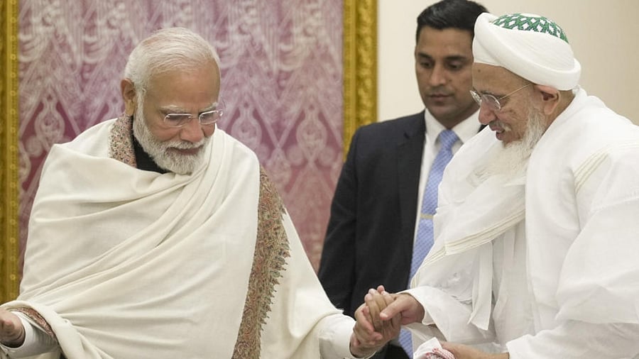 Prime Minister Narendra Modi with spiritual leader Syedna Mufaddal Saifuddin during the inauguration of the new campus of Aljamea-tus-Saifiyah at Marol in Mumbai, Friday, Feb. 10, 2023. Credit: PTI Photo