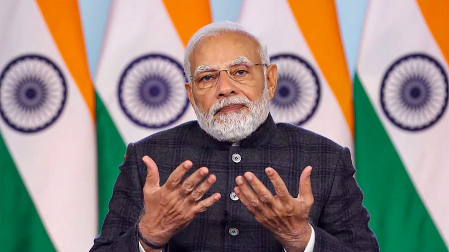 Prime Minister Narendra Modi addresses the opening session of the Voice of Global South Summit, via video conferencing, in New Delhi. Credit: PTI Photo