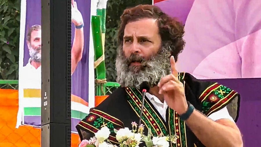 Congress leader Rahul Gandhi addresses a public meeting ahead of Meghalaya Assembly polls, in Shillong. Credit: PTI Photo