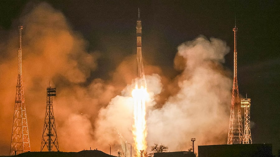 In this handout photo released by Roscosmos State Space Corporation, the new, empty Soyuz MS-23 capsule blasts off at the Russian leased Baikonur cosmodrome in Baikonur, Kazakhstan, on Friday, Feb. 24, 2023. Russia has launched a rescue ship for two cosmonauts and a NASA astronaut whose original ride sprang a dangerous leak at the International Space Station. Credit: AP/PTI