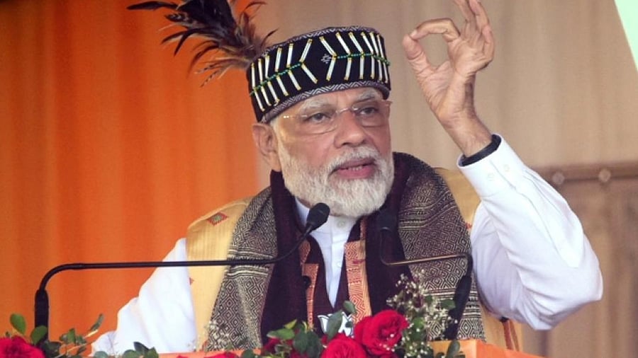 Prime Minister Narendra Modi addresses during a public rally ahead of Meghalaya Assembly elections at Alotgre Cricket Stadium in Tura, West Garo Hills District of Meghalaya on Friday, Feb. 24, 2023. Credit: IANS Photo