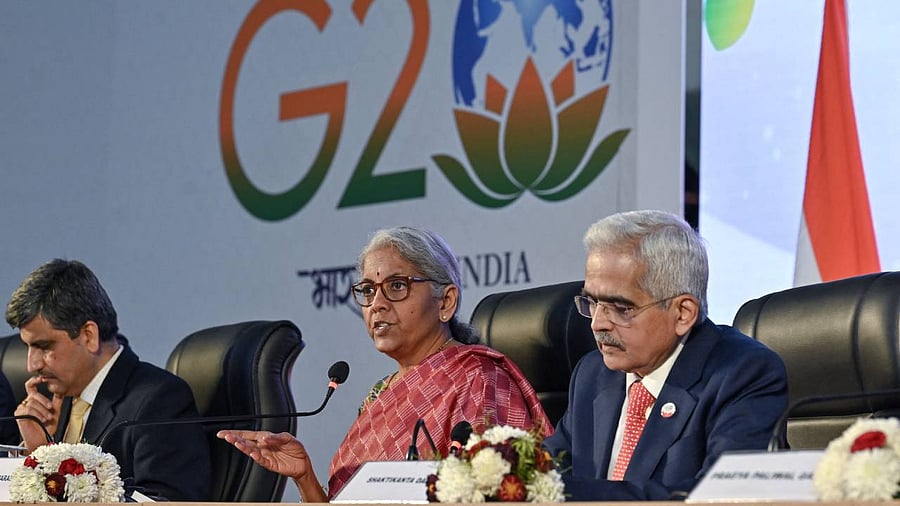 India's Finance Minister Nirmala Sitharaman speaks during a news conference at the end of G20 finance ministers' and Central Bank governors' meeting on the outskirts of Bengaluru. Credit: AFP Photo