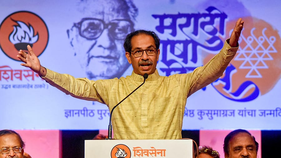 Shiv Sena (UBT) Chief Uddhav Thackeray addresses the gathering on "Marathi Bhasha Divas" at Birla Matoshree Auditorium, in Mumbai. Credit: PTI Photo
