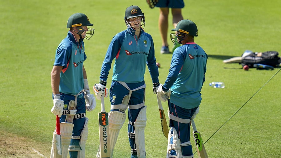 Australian cricketers Steve Smith, Usman Khawaja and Marnus Labuschagne during a practice session ahead of the 3rd test cricket match between India and Australia. Credit: PTI Photo
