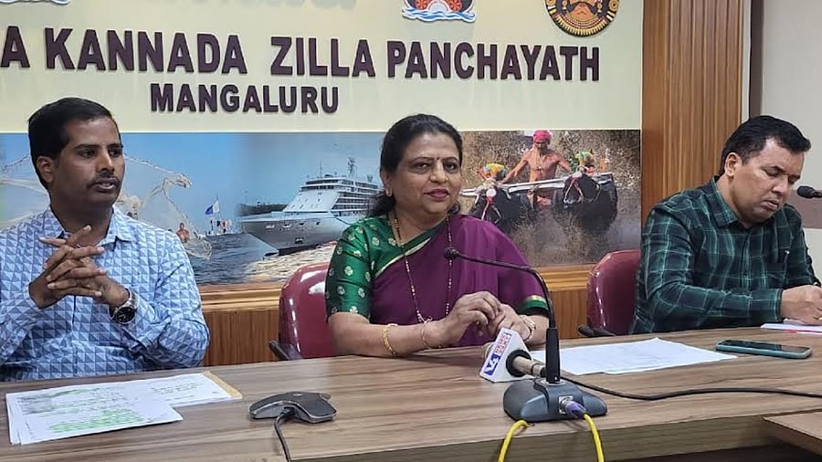 Karnataka State Commission for Women (KSCW) Chairperson Pramila Naidu speaks to mediapersons in Mangaluru. Credit: Special arrangement