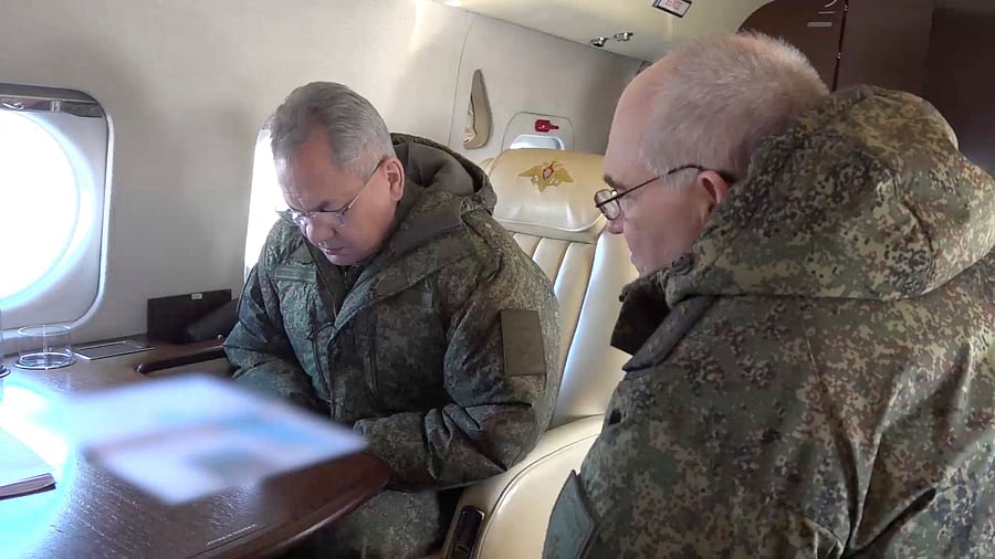 A still image from video, released by Russia's Defence Ministry, shows Defence Minister Sergei Shoigu in a helicopter during what it said to be inspection of a forward command post of Russian armed forces deployed in Ukraine. Credit: Reuters Photo