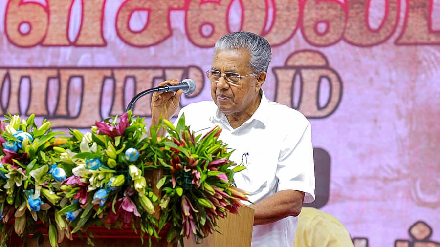 Kerala Chief Minister Pinarayi Vijayan speaks during a programme to mark the 200th anniversary of the historic 'Thol Sheelai Porattam', in Kanyakumari district, Monday, March 6, 2023. Credit: PTI Photo