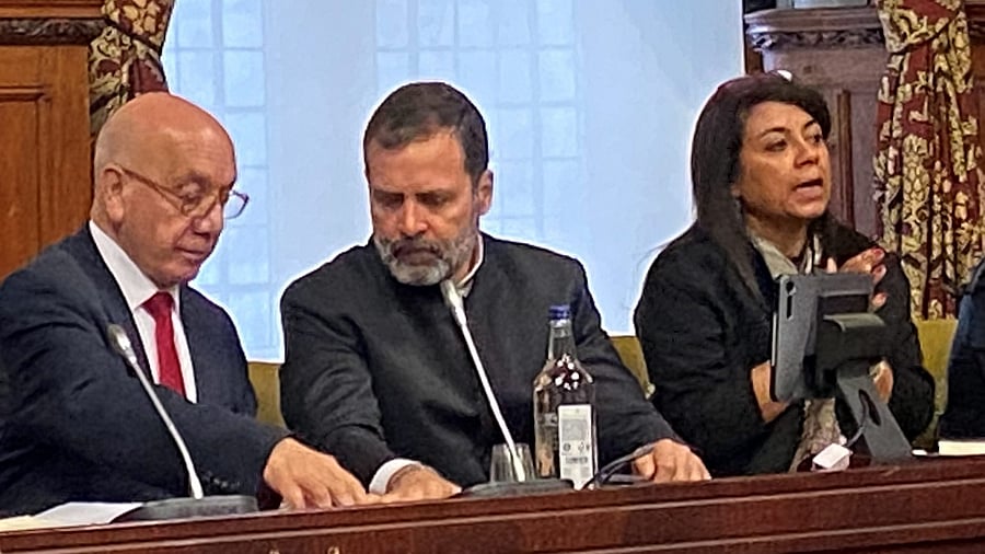 Congress leader Rahul Gandhi at the Houses of Parliament complex in London. Credit: PTI Photo