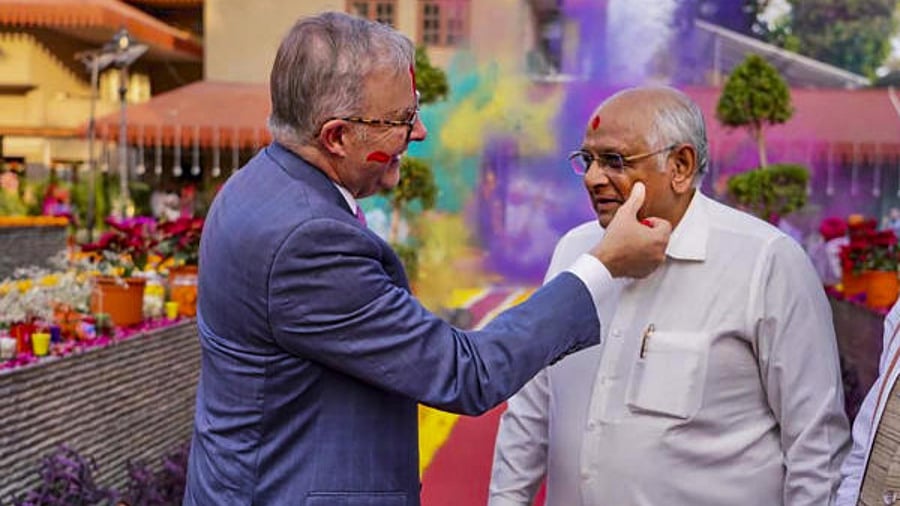 Prime Minister of Australia Anthony Albanese with Gujarat CM Bhupendra Patel during Holi celebrations. Credit: PTI Photo