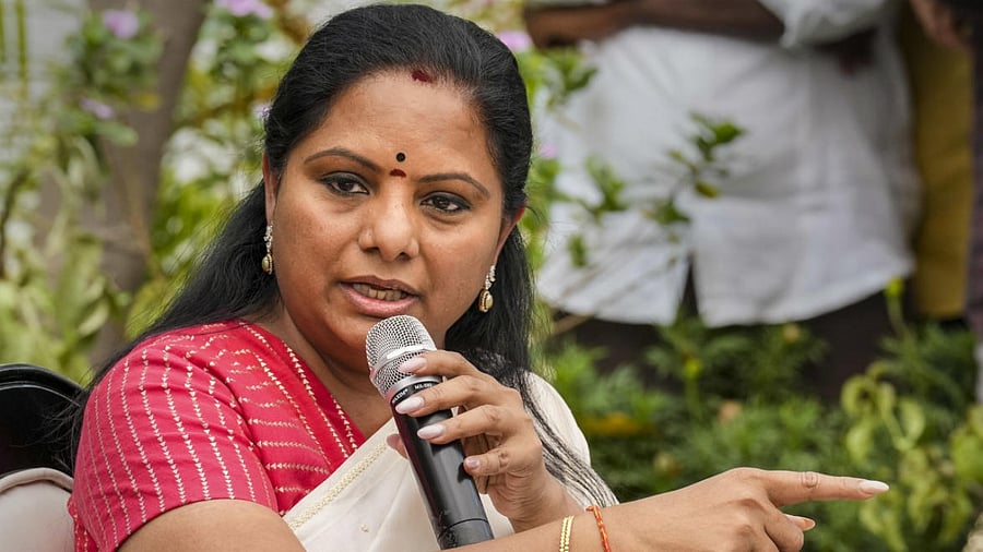Bharat Rashtra Samithi (BRS) leader K. Kavitha addresses a press conference in New Delhi. Credit: PTI Photo