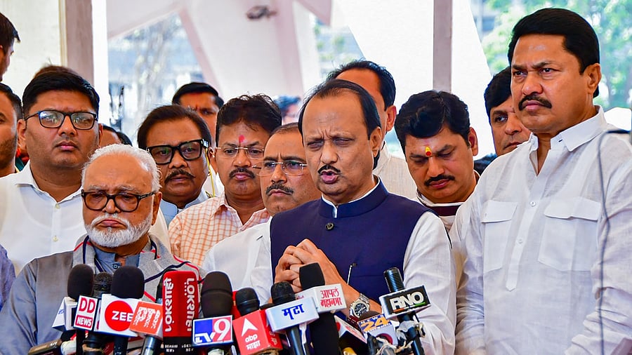 Maha Vikas Aghadi (MVA) MLAs Ajit Pawar, Chhagan Bhujbal and Nana Patole address the media on Maharashtra Assembly premises during the Budget Session, in Mumbai, Wednesday, March 8. Credit: PTI Photo