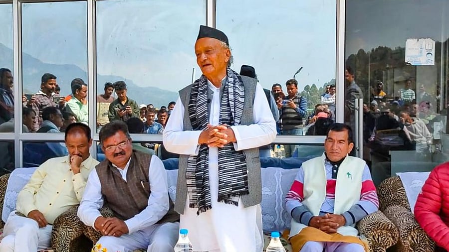 Former Maharashtra governor Bhagat Singh Koshyari addresses BJP workers at Kanalichina in Didihat constituency. Credit: PTI Photo
