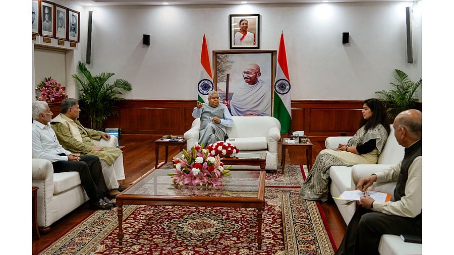 Vice President Jagdeep Dhankhar in a meeting with Panel of Vice Chairpersons, V. Vijayasai Reddy, YSRCP, Saroj Pandey, BJP, Surender Singh Nagar, BJP, Bhuvaneshvar Kalita, BJP, at VP House, in New Delhi. Credit: PTI Photo