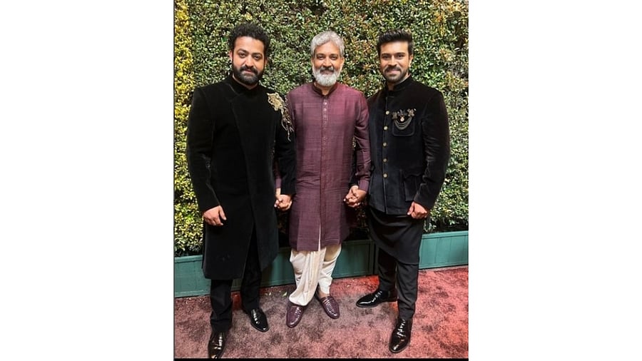 Ram Charan and Jr NTR wore black velvet bandhgalas with statement embroidery reminiscent of their characters in RRR. Credit: IANS Photo