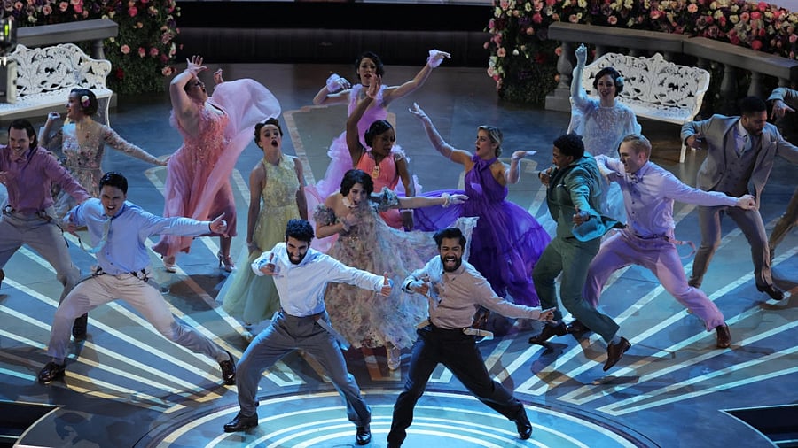Rahul Sipligunj and Kaala Bhairava perform "Naatu Naatu" from "RRR" during the Oscars show at the 95th Academy Awards. Credit: Reuters Photo