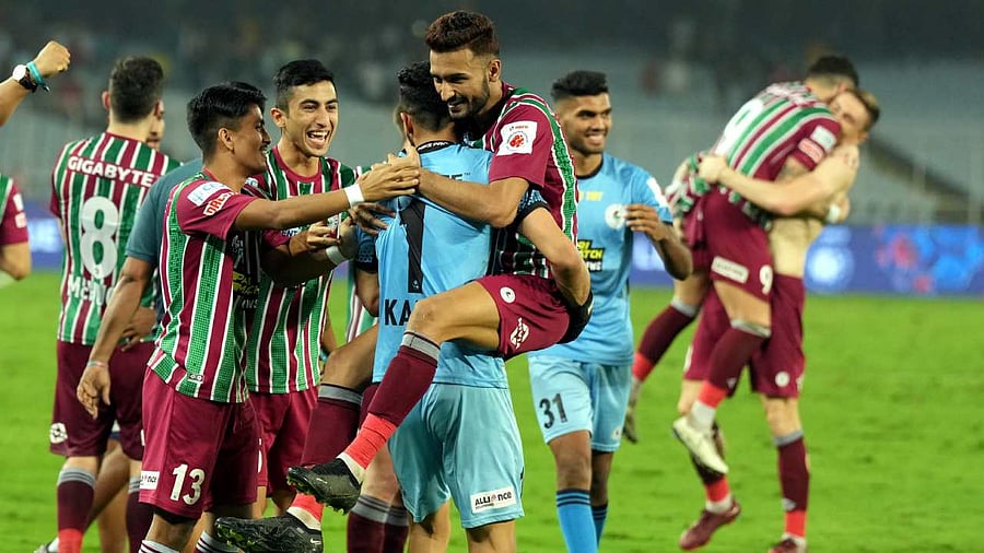 ATK Mohun Bagan FC players jubilate after winning the tie breaker against Hyderabad FC during the 2nd semi final - Leg 2 of the Hero Indian Super League 2022. Credit: PTI Photo