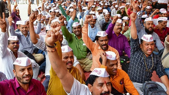 Thousands of Mumbai Municipal employees protest for old pension scheme, at Azad Maidan in Mumbai. Credit: PTI Photo