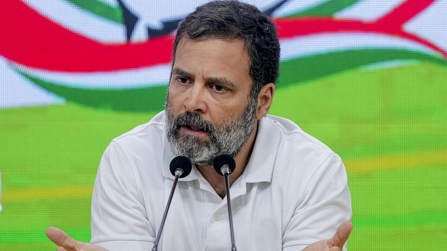 Congress leader Rahul Gandhi addresses the press on not being allowed to speak in the House. Credit: PTI Photo