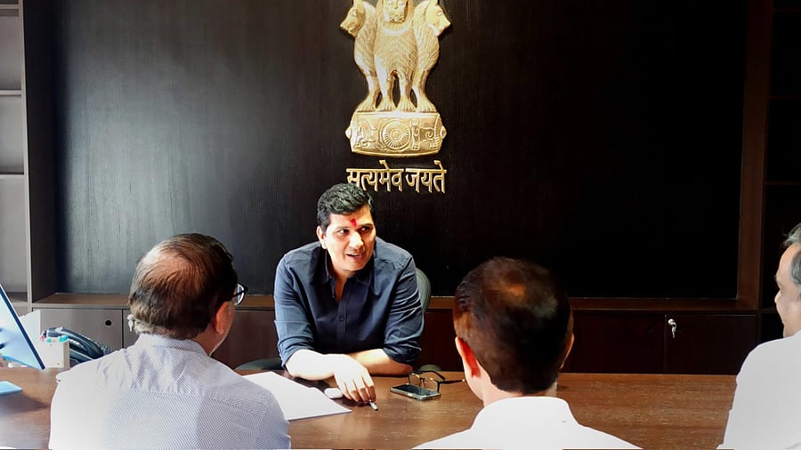 Delhi Health Minister Saurabh Bharadwaj takes charge of the office, at Delhi Secretariat in New Delhi, Friday, March 10, 2023. Credit: PTI Photo