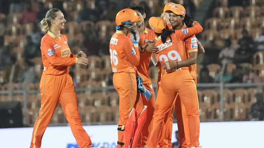 Gujarat Giants players celebrate the wicket of Delhi Capitals player Marizanne Kapp during 2023 WPL match between Gujarat Giants and Delhi Capitals in Mumbai. Credit: PTI Photo