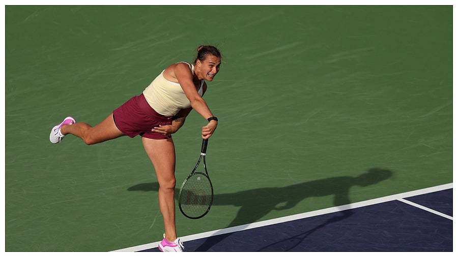 Aryna Sabalenka in action against Maria Sakkari of Greece in the semi final during the BNP Paribas Open on March 17, 2023. Credit: Getty Images