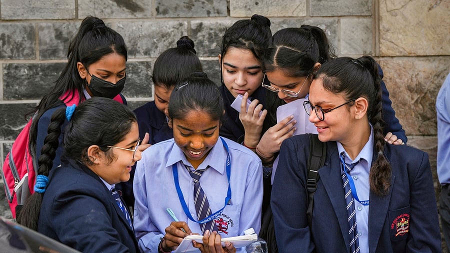 Students outside an examination centre before appearing for the CBSE class 10 exam, New Delhi, February 27, 2023. Credit: PTI File Photo