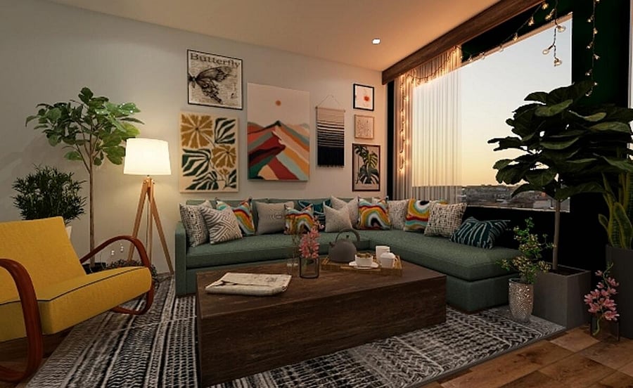 A rustic living room design by Blucap Interiors that includes plants.