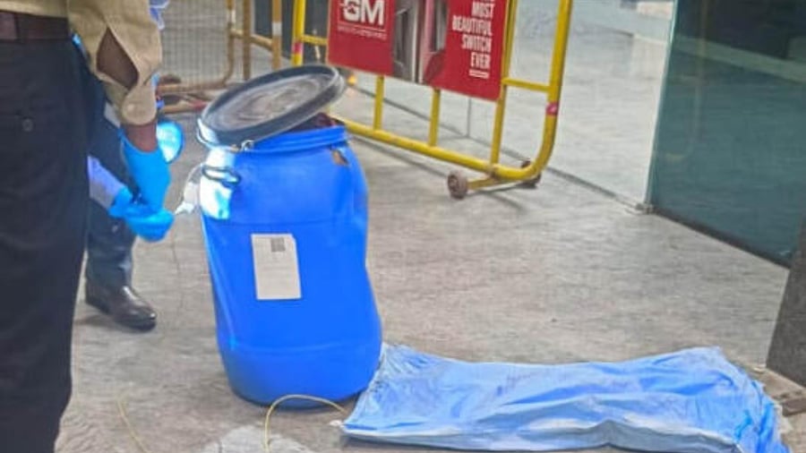 A sticker pasted on the drum helped the police identify the woman and her alleged killers. Credit: DH Photo