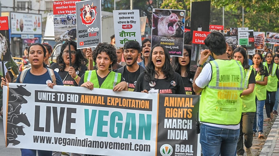 Activists and animal lovers take out the animal rights march to create an awareness about animal rights and veganism, in Bengaluru on Saturday. Credit: DH Photo