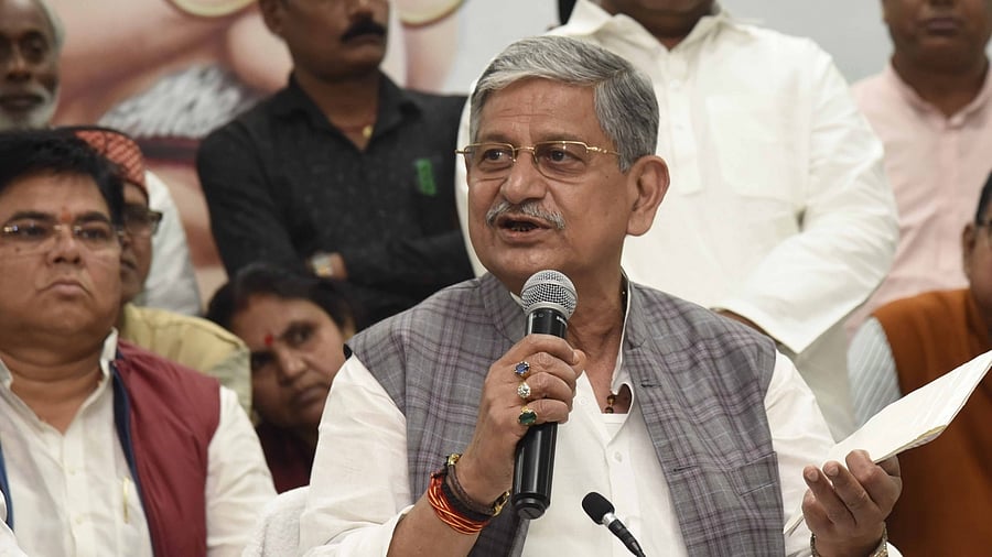 anata Dal United (JDU) National President Lalan Singh addresses a press conference at Party office in Patna on Monday