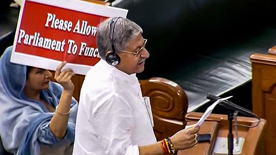 Janata Dal (United) MP Lalan Singh speaks in the Lok Sabha during Budget Session of Parliament. Credit: PTI Photo