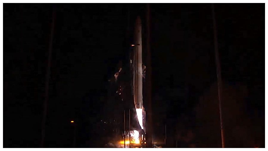 This handout screengrab provided by Relativity Space on March 22, 2023, shows the third launch attempt of the first 3D printed rocket, Terran 1. Credit: AFP Photo