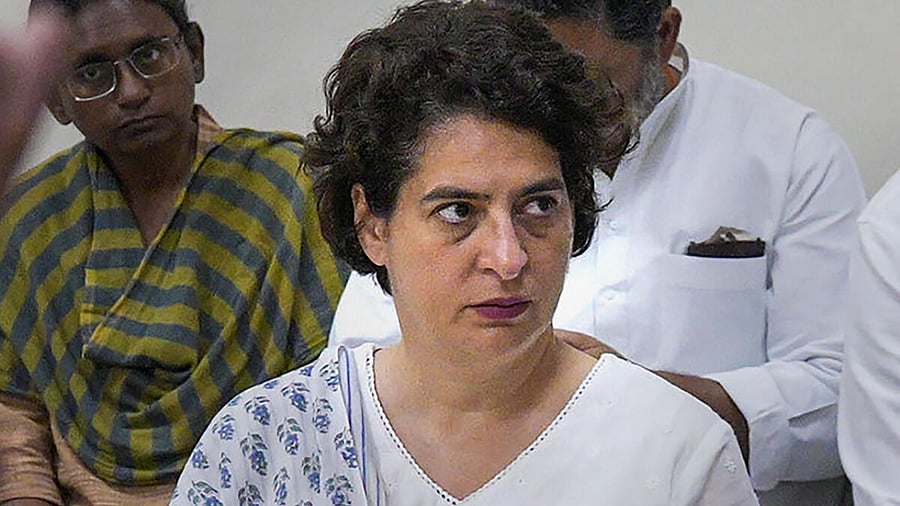 Congress leader Priyanka Gandhi at the party meeting after Rahul's disqualification. Credit: PTI Photo