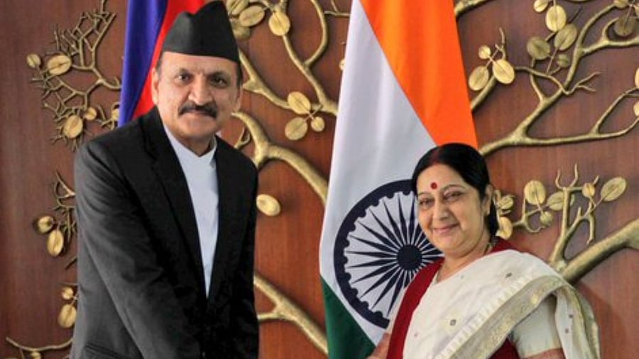 Nepal's Prakash Sharan Mahat (left). Credit: Twitter/SushmaSwaraj