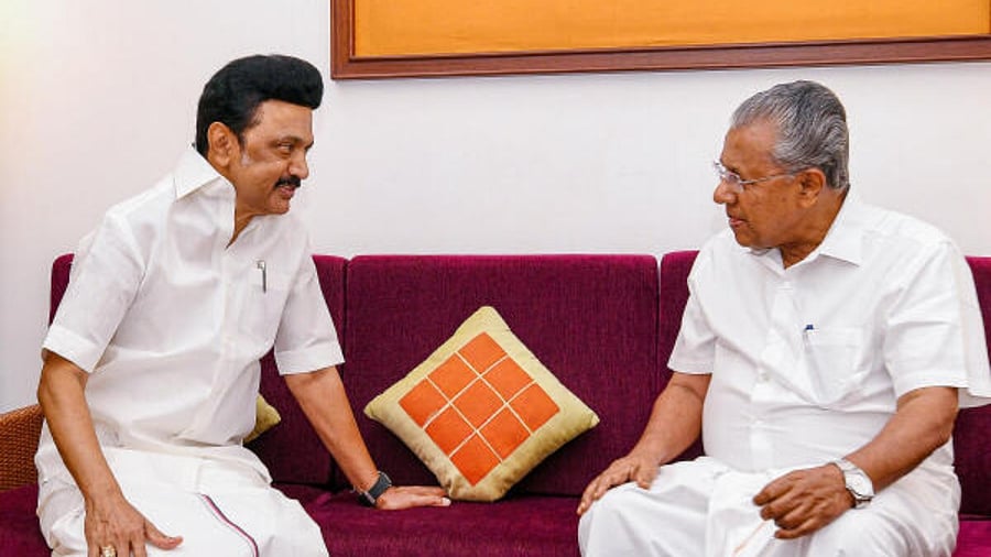 Kerala CM Pinarayi Vijayan with Tamil Nadu CM M K Stalin. Credit: PTI Photo