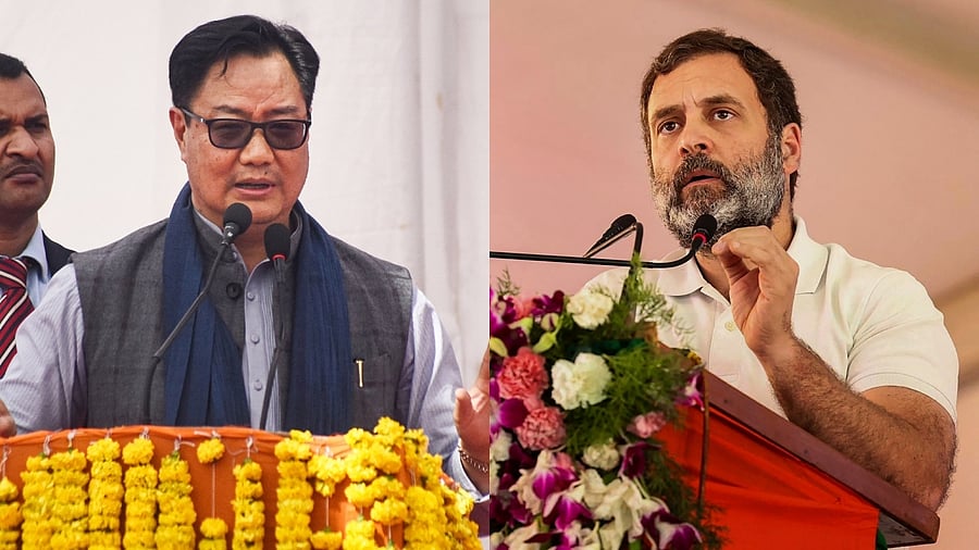 Union Law Minister Kiren Rijiju (L) and Congress leader Rahul Gandhi (1R). Credit: PTI Photos